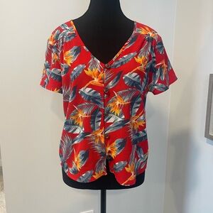 Pink Rose Hawaiian Tropical Blouse EUC